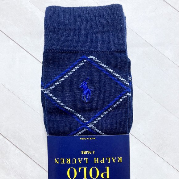 Polo Ralph Lauren Casual Dress Socks 3-Pair Navy Blue Grey Solid Diamond Pack - Picture 3 of 10